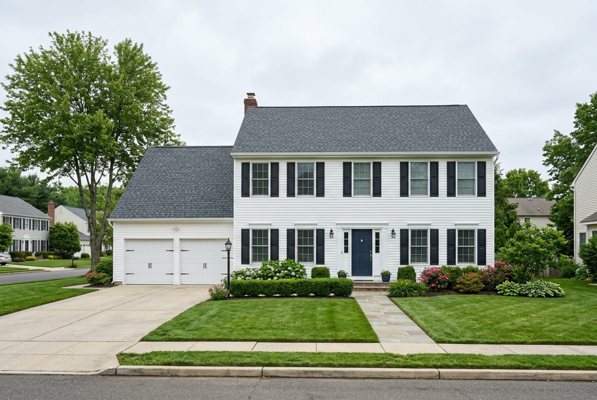Illustrative two-story center-hall Colonial with a side-gabled gray shingle roof and black shutters